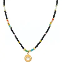 CO88 Collection 8CN-26314 Stalen Ketting met Kralen - Dames - Goudkleurig - 3 mm - Zwart Mix - 2,5 mm - Kroon - 10 mm - Lengte 40 + 5 cm - Multi