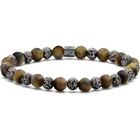 Frank 1967 7FB-0733 Kralen Armband - Heren Armband - Tijgeroog Kralen - 6mm - Staal Kralen - Rekbaar 19cm - Bruin/Atraciet
