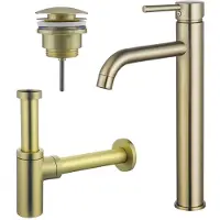 FortiFura Calvi Wastafelkraanset - verhoogde wastafelkraan - klikwaste plug - design sifon - Geborsteld Messing PVD (Goud) SW720549/SW696202/SW696213