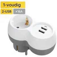 Technik Verdeelstekker met USB Horizontaal - 1-Voudig en 2x USB - Doorvoerstekker - Wit