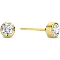 New Bling 9NBG-0460 Gouden Oorknopjes - Dames - Zirkonia - In Rond Kastje Gezet - 4 mm Doorsnee - 14 Karaat - Goud