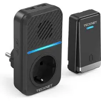 TECKNET NEW Doorbell - draadloze deurbel met 1 ontvanger inclusief stopcontact | Duurzame zender zonder batterijen | Inc. 2 USB laadpoorten | Zwart