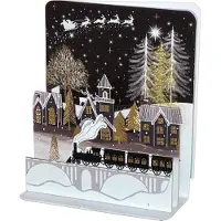 Pictura Train, Village and Santa's Sleigh Flying Across the Night Sky 3D Pop-Up Christmas Card 2x