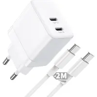 Phreeze Usb C Adapter 35w GaN - Usb C naar usb C Kabel 2 Meter - Usb C Oplader 2 Poorten - Snellader voor Telefoon Tablet Laptop - Super Fast Charger - Power Delivery - Dynamische Allocatie