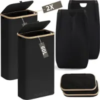 Phreeze Smalle Wasmand - 60L - 2 Stuks - Wasmanden met Deksel en Waszak - Mand Vuile Was - Opbergmand - Mand - Zwart