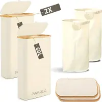 Phreeze Smalle Wasmand - 60L - 2 Stuks - Wasmanden met Deksel en Waszak - Mand Vuile Was - Opbergmand - Mand - Beige