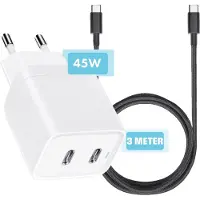 Phreeze 45w usb C Power Adapter met 2 usb C Poorten + 1x Nylon usb C naar usbC Kabel - 3 Meter - Geschikt voor iP15,Pro,Max,S24,S23,S22 Snellader