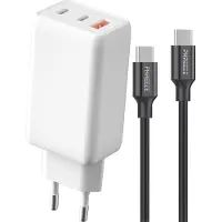 Phreeze Usb C Adapter 3 Poorten + usb C naar usb C Kabel - GaN 65w Snellader usb-C - 1 Meter Lang - Usb C Stekker Lader Oplader