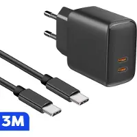 Phreeze Snelle Dubbele usb-C Oplader + 3 Meter Gevlochten Kabel - Snellader - 35w GaN Technologie - Geschikt voor A54, S23,S22,S21,S24, A9,A8,A7 2022 en meer - Zwart