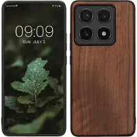 Kwmobile telefoonhoesje geschikt voor Xiaomi 14T Pro - Hoesje met bumper in donkerbruin - Backcover - hout