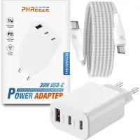 Phreeze Usb C Adapter 30w Snellader met usb C naar usb C kabel 3 Meter