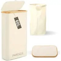 Phreeze Smalle Wasmand met Deksel en Waszak - 60L - Smal - Wasmand - Opvouwbaar - Opbergmand - Linnen - Beige