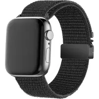Bandz Nylon band 'Classic' met Parachute sluiting - geschikt voor Apple Watch Series 1/2/3/4/5/6/7/8/9/10/11/SE/SE2/SE3/Ultra (2/3) - iWatch nylon bandje voor grote maten: 44mm/45mm/46mm/49mm (zwart)