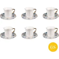 Clayre & Eef Kop en schotel set van 6 stuks schotel 95 ml Wit Blauw Porselein Servies