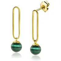 Zinzi 35mm gold plated zilveren oorstekers met lange paperclip schakel en groene cateyes in bolvorm ZIO2420