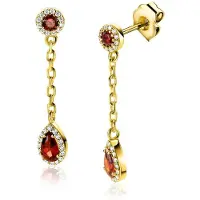 Zinzi 25mm gold plated zilveren oorstekers met schakelkettinkje en druppelvormige rood granaat kleursteen en witte zirconia's ZIO2560