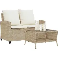 vidaXL Tuinbank 2-zits met kussens & tafel poly rattan beige