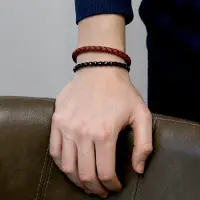 Frank 1967 7FB-0663 Gevlochten Lederen Armband - 6,8mm - 21cm - Leer - Staal - Rood - Zwart