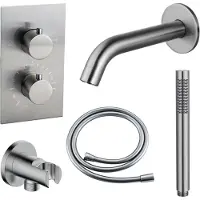 FortiFura Calvi Badkraan set - uitloop - 22cm inkortbaar - gladde slang - staafhanddouche - inbouwdeel - wandhouder - geborsteld RVS PVD SW542645/SW728177/SW1159493/SW1122512/SW496812/SW1