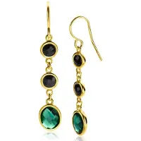 Zinzi gold plated zilveren lange oorhangers 50mm, bezet met twee ronde zwarte zirconia's en een grotere ovale groene kleursteen ZIO2389