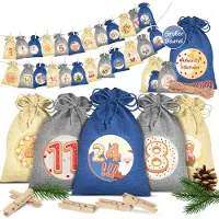 Kesser Adventskalender om zelf te vullen 24 Jute Zakjes Bedrukte Stoffen Kerst Zakjes Incl. 24x Labels + 1 Grote Stoffen Opbergzak Advent Kalender - Blauw / Gekleurd - 16cm x 12cm
