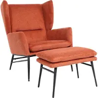 MCW Lounge fauteuil met voetenbank -L62, wing chair gestoffeerde fauteuil cocktail fauteuil kruk, stof/textiel ~ terracotta-bruin