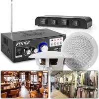 Power Dynamics Geluidsinstallatie met 8 plafondspeakers, 4-zone switch, versterker met o.a. Bluetooth en kabels voor restaurant, winkel, sauna, praktijk, etc.