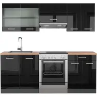 Vicco Complete keukeneenheid R-Line Hoogglans zwart/antraciet 200 cm , WB Eik, Model 43180
