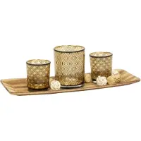 Home Collection Theelichthouder set - 3 st op houten schaal - glas/hout - waxinelichthouder