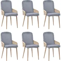 Merax Rotan Eetkamerstoelen Set van 6 - Fluweel - Houtlook Metalen Poten - Grijs met Bruin