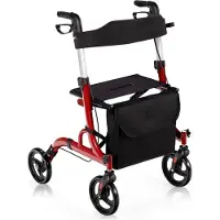 Trendmix Opvouwbare Lichtgewicht Rollator Met Zitting En Loophulp - 6-Voudig In Hoogte Verstelbaar Loopwagen - Tas En Stokhouder & 2 Remmen - Rood