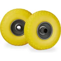Relaxdays Set wielen voor kruiwagen, geschikt voor pannen, 3.00-4 massieve banden, stalen velg, as van 25 mm, draagvermogen 100 kg, afmetingen 260x85 mm, geel-grijs