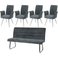Mendler Eetkamerset -G55, set van 4 stoelen met armleuningen + zitbank 180cm, geborsteld roestvrij staal stof/textiel chenille ~ blauwgroen