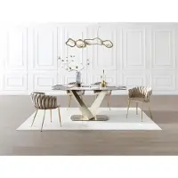 Maison Céphy Eettafel voor 6 personen van keramiek, gehard glas en goudkleurig metaal - Wit marmereffect en grijs - PORELIMA van Maison Céphy