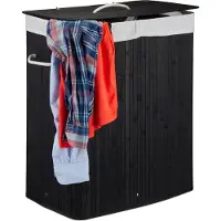 Relaxdays Wasmand wasbox wassorteerder bamboe opvouwbaar met 2 vakken deksel rechthoekig zwart