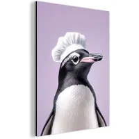 MuchoWow Aluminium schilderij 60x80 cm - Wanddecoratie metaal - Pinguïn - Koksmuts - Lief - Paars - Metalen muurdecoratie woonkamer - Decoratie industrieel - Foto op dibond - Industriële accessoires slaapkamer
