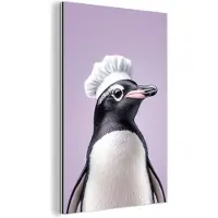 MuchoWow Aluminium schilderij 40x60 cm - Wanddecoratie metaal - Pinguïn - Koksmuts - Lief - Paars - Metalen muurdecoratie woonkamer - Decoratie industrieel - Foto op dibond - Industriële accessoires slaapkamer