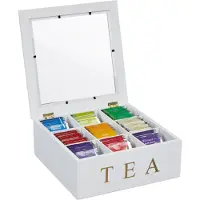 Relaxdays theedoos - 9 vaks - bamboe - transparante deksel - 9x23,5x23,5 cm - wit-goud