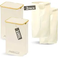 Phreeze Wasmand met Waszak - 100L - Groot formaat - Wasmand met deksel - Sterk materiaal - Wassorteerder - 2 Stuks - Beige