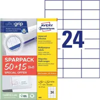 Avery Etiketten 6605 Klevend A4 Wit 7 x 3,7 cm 1560 Vellen à 24 Etiketten