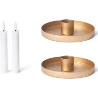 Novaliv set van 2 kaarsenhouders 14 cm metalen ronde tafelkaarsen mat gouden kaarsenhouder met echte wax LED-kaars premium flikkerend effect kerstdecoratie kaarsenhouder kerst scandinavisch chic