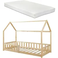 En.casa Kinderbed Hesel huisbed met matras en uitvalbeveiliging 90x200 cm houtkleurig [] [neu.haus]