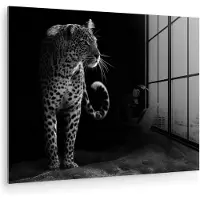 MuchoWow Glasschilderij - Acrylglas - Wilde dieren - Luipaard - Natuur - Zwart - Wit - Muurdecoratie - Foto op glas - 80x60 cm - Schilderijen woonkamer - Wanddecoratie dieren