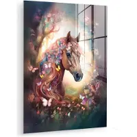 MuchoWow Glasschilderij 120x160 cm - Schilderij acrylglas - Paard - Natuur - Bloemen - Vlinders - Bos - Foto op glas - Muurdecoratie woonkamer - Wanddecoratie slaapkamer - Schilderijen