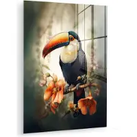 MuchoWow Glasschilderij 120x160 cm - Schilderij acrylglas - Toekan - Vogel - Bloemen - Planten - Foto op glas - Muurdecoratie woonkamer - Wanddecoratie slaapkamer - Schilderijen