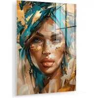 MuchoWow Glasschilderij 120x160 cm - Schilderij acrylglas - Vrouw - Portret - Goud - Luxe - Blauw - Foto op glas - Muurdecoratie woonkamer - Wanddecoratie slaapkamer - Schilderijen