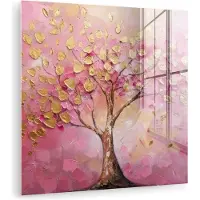 MuchoWow Glasschilderij 50x50 cm - Schilderij acrylglas - Boom - Roze - Goud - Modern - Foto op glas - Muurdecoratie woonkamer - Wanddecoratie slaapkamer - Schilderijen