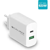 Caliber Snellader 65W - USB C Adapter 2 Poorten - USB-C PD Fast Charge - 1x USB-A Quick Charge 3.0 – Oplader 65 Watt - GaN Technologie - Geschikt voor Smartphones, Laptop - Wit (PSP-65W)