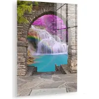 MuchoWow Glasschilderij 120x160 cm - Schilderij acrylglas - Bloemen - Regenboog - Waterval - Doorkijk - Foto op glas - Muurdecoratie woonkamer - Wanddecoratie slaapkamer - Schilderijen