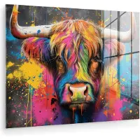 MuchoWow Glasschilderij 160x120 cm - Schilderij acrylglas - Graffiti - Schotse hooglander - Koe - Kleurrijk - Foto op glas - Muurdecoratie woonkamer - Wanddecoratie slaapkamer - Schilderijen